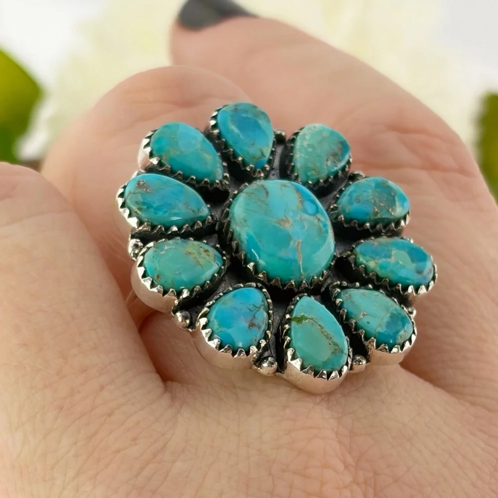 Pure Sterling Silver 925 Kingman Turquoise Cluster Ring 9.25 9 1/4 Navajo Style - Picture 4 of 10